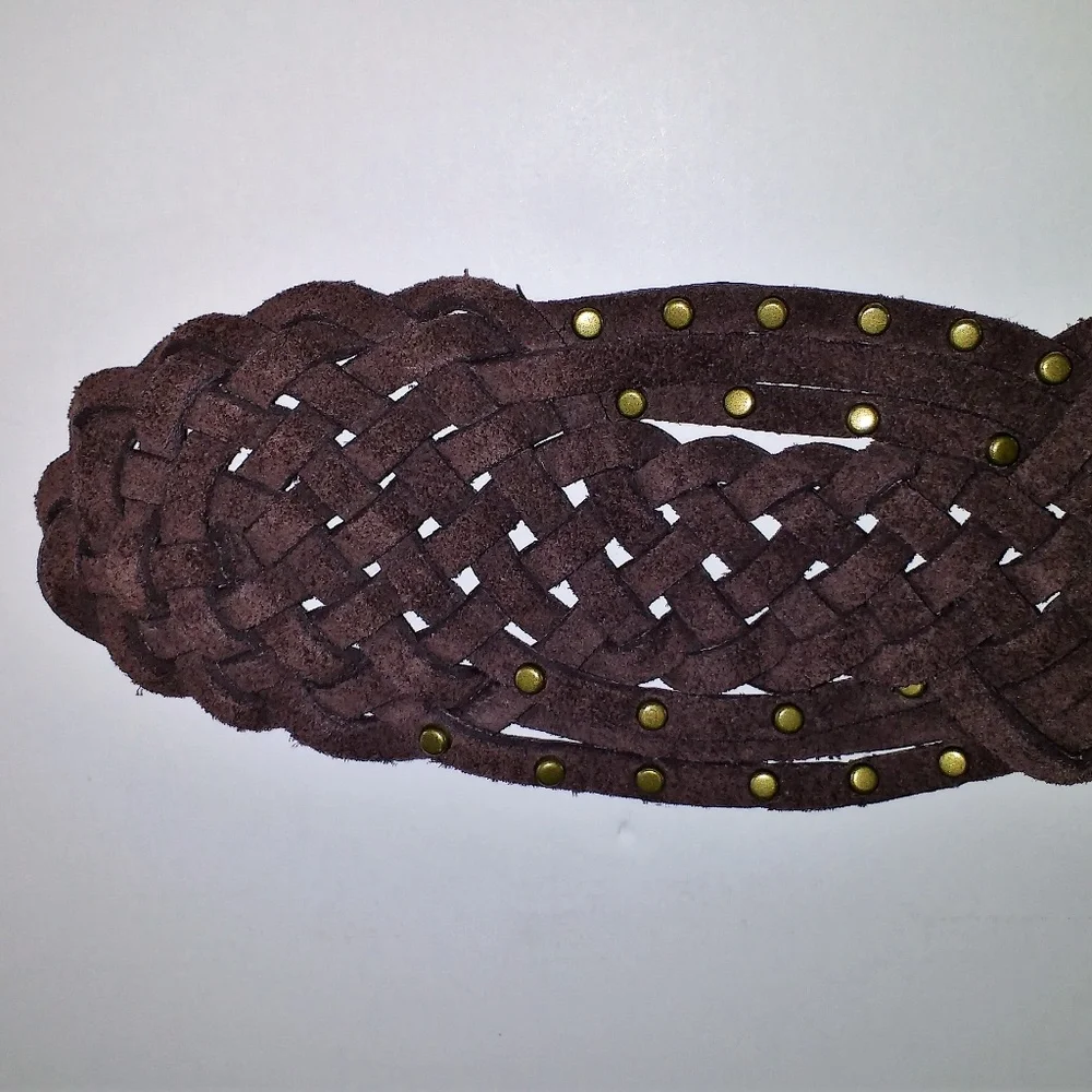 Coldwater Creek Brown Leather Braided Gold-Tone Metal Accented Wide Belt